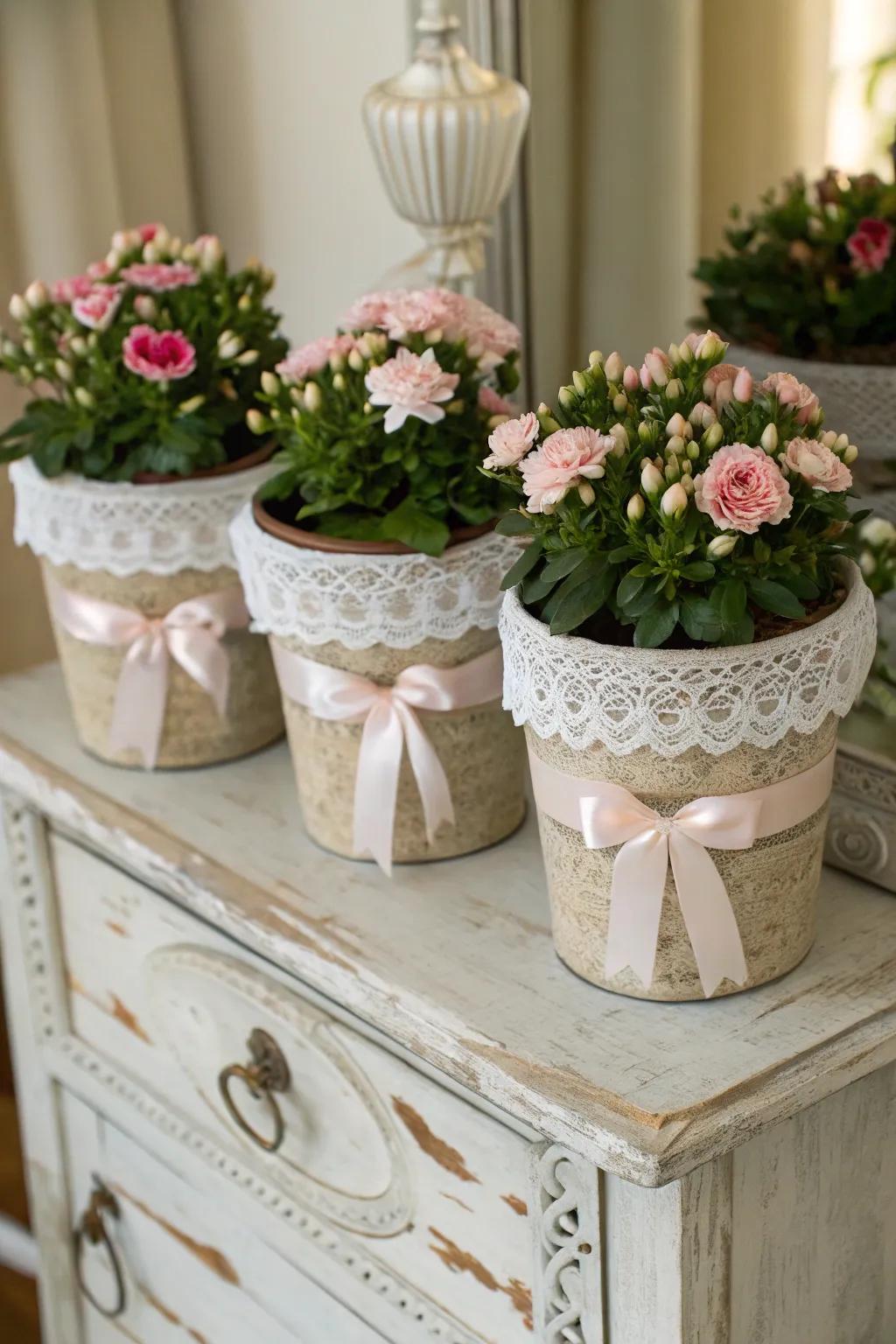 Elevate your flower pots with refined lace and ribbon features.