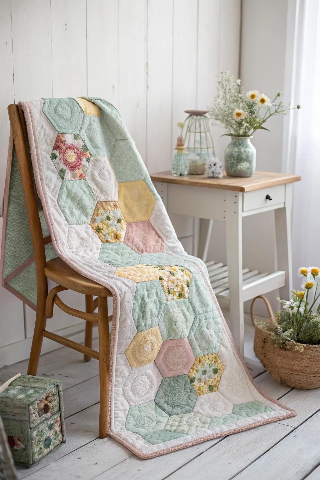 Explore the tranquil allure of hexagon flower quilts&mdash;where simple design harmonizes with bohemian appeal.