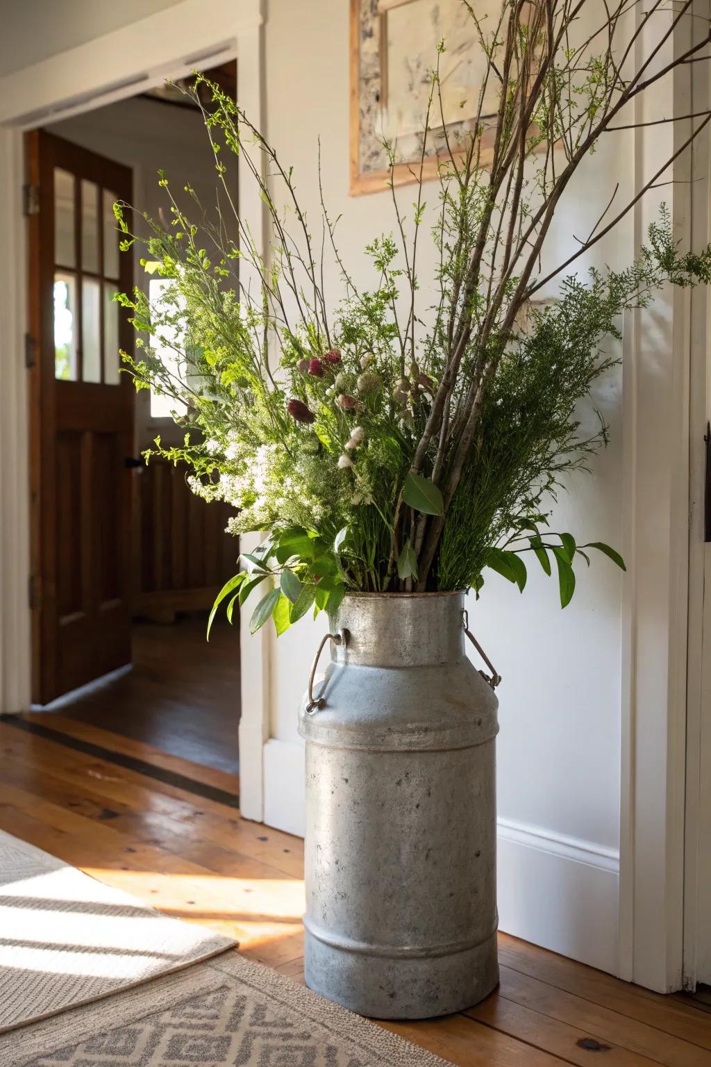 A vintage dairy container creates a declaration as a sophisticated display.