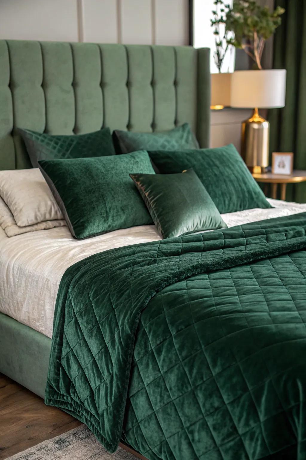 Velvet fabrics add a fancy touch to any forest green space.