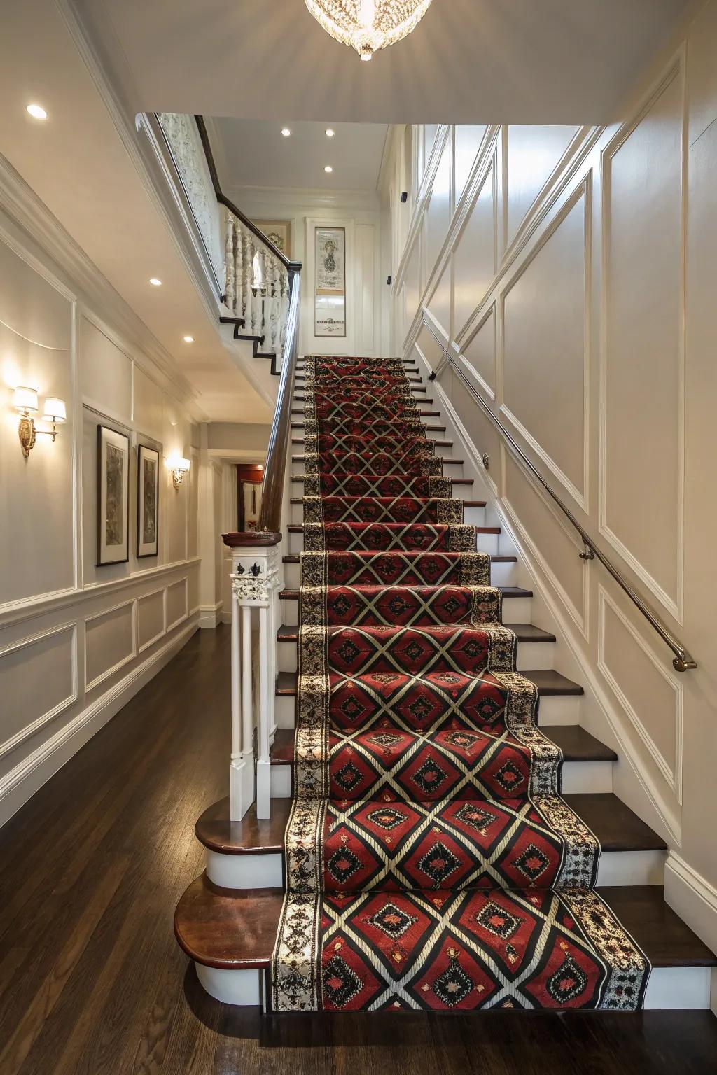 A vibrant stair runner introducing color and texture to the foyer.