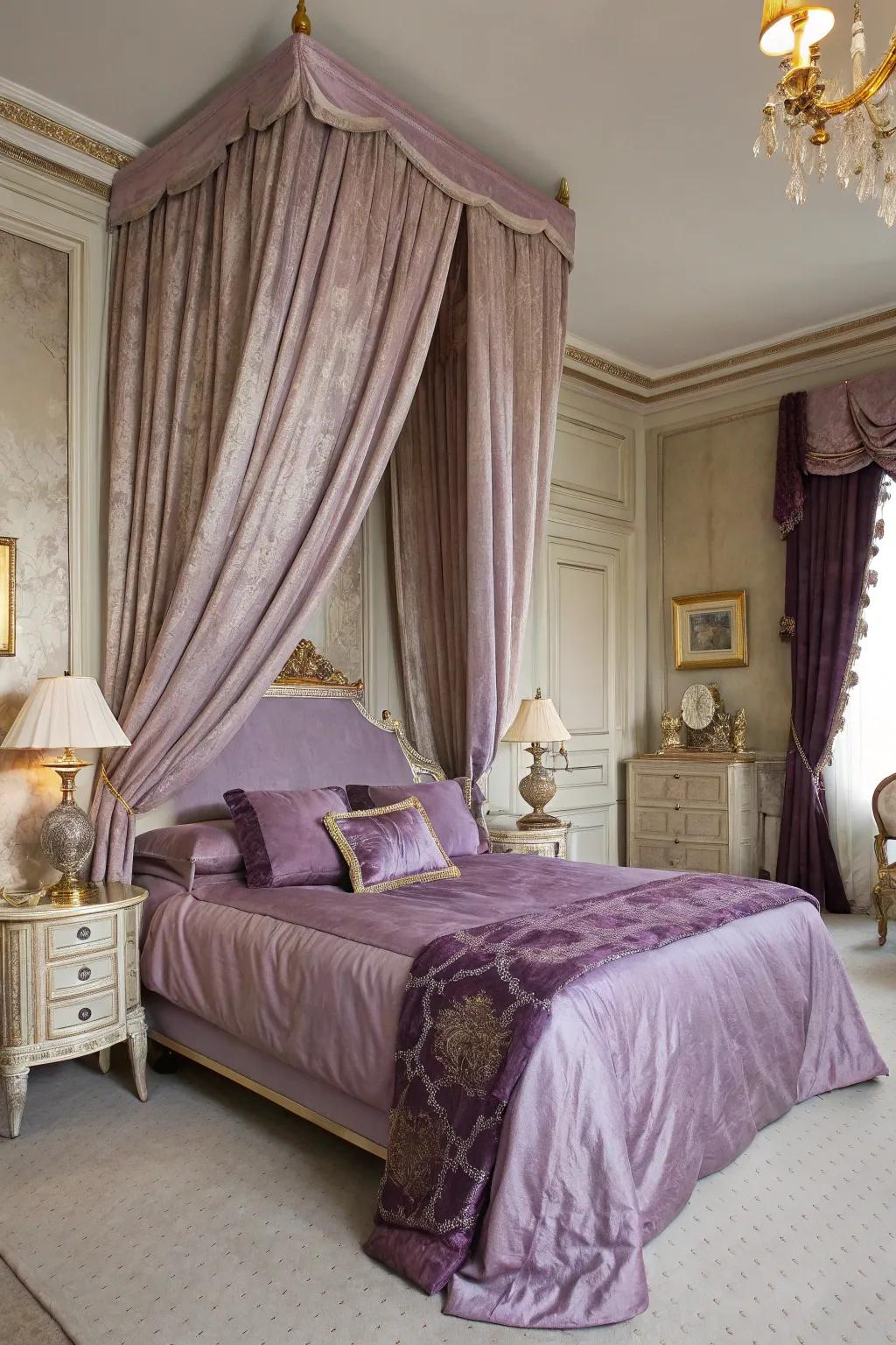 Sumptuous fabrics bestow luxury to this French boudoir.