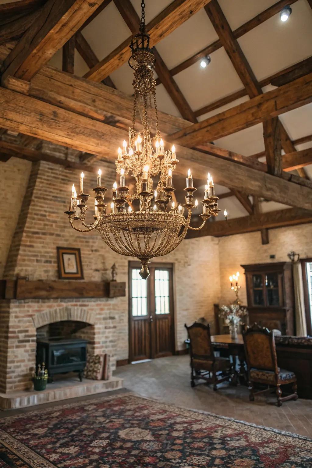 A vintage chandelier adding elegance to a rustic room.