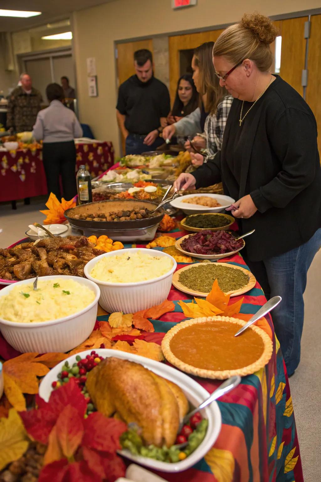A buffet-style arrangement creates a relaxed Friendsgiving atmosphere.