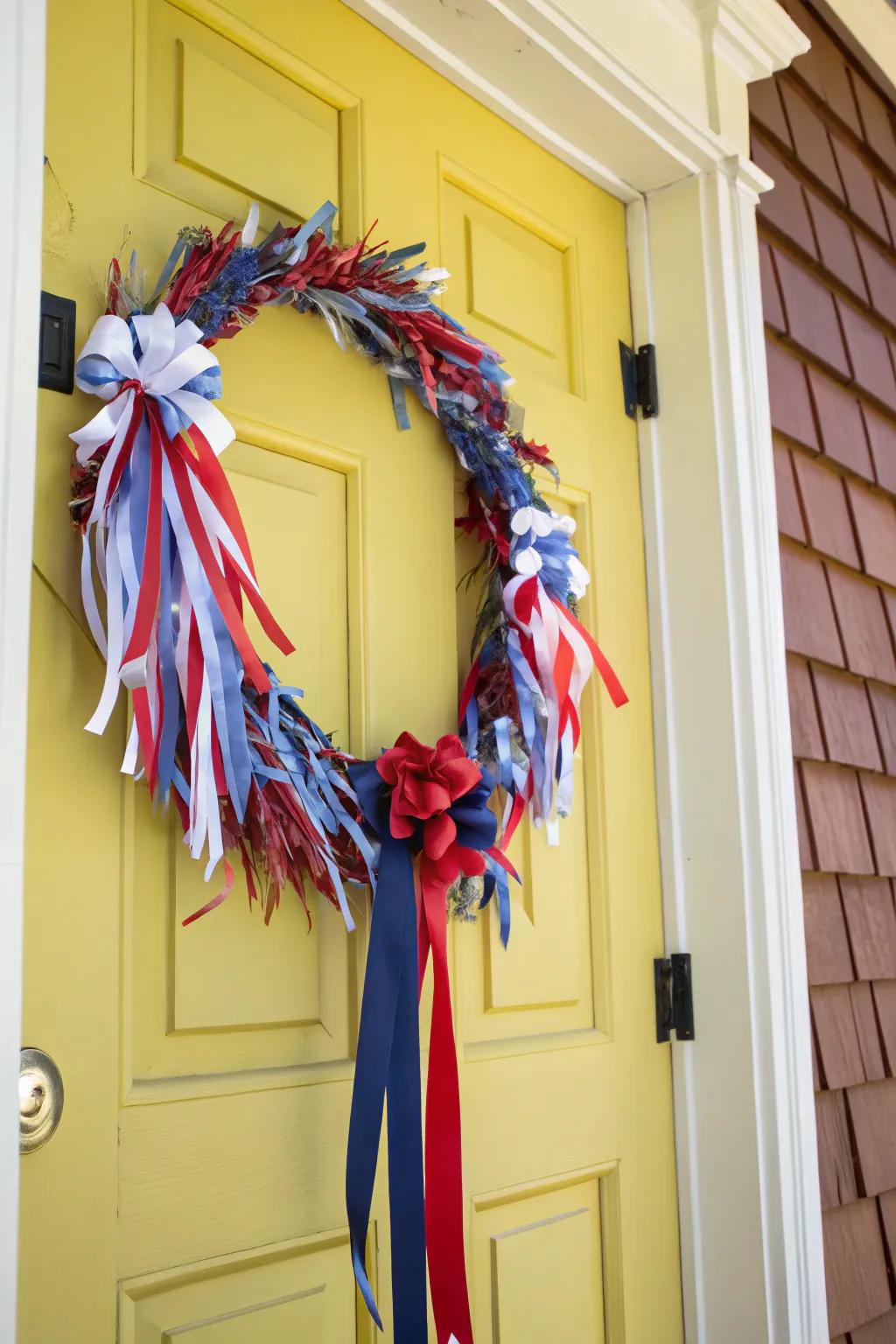 A playful wreath full of vibrant ribbons.