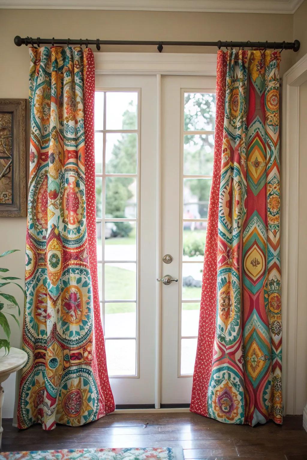Designed drapes incorporating a surge of character to a front door.