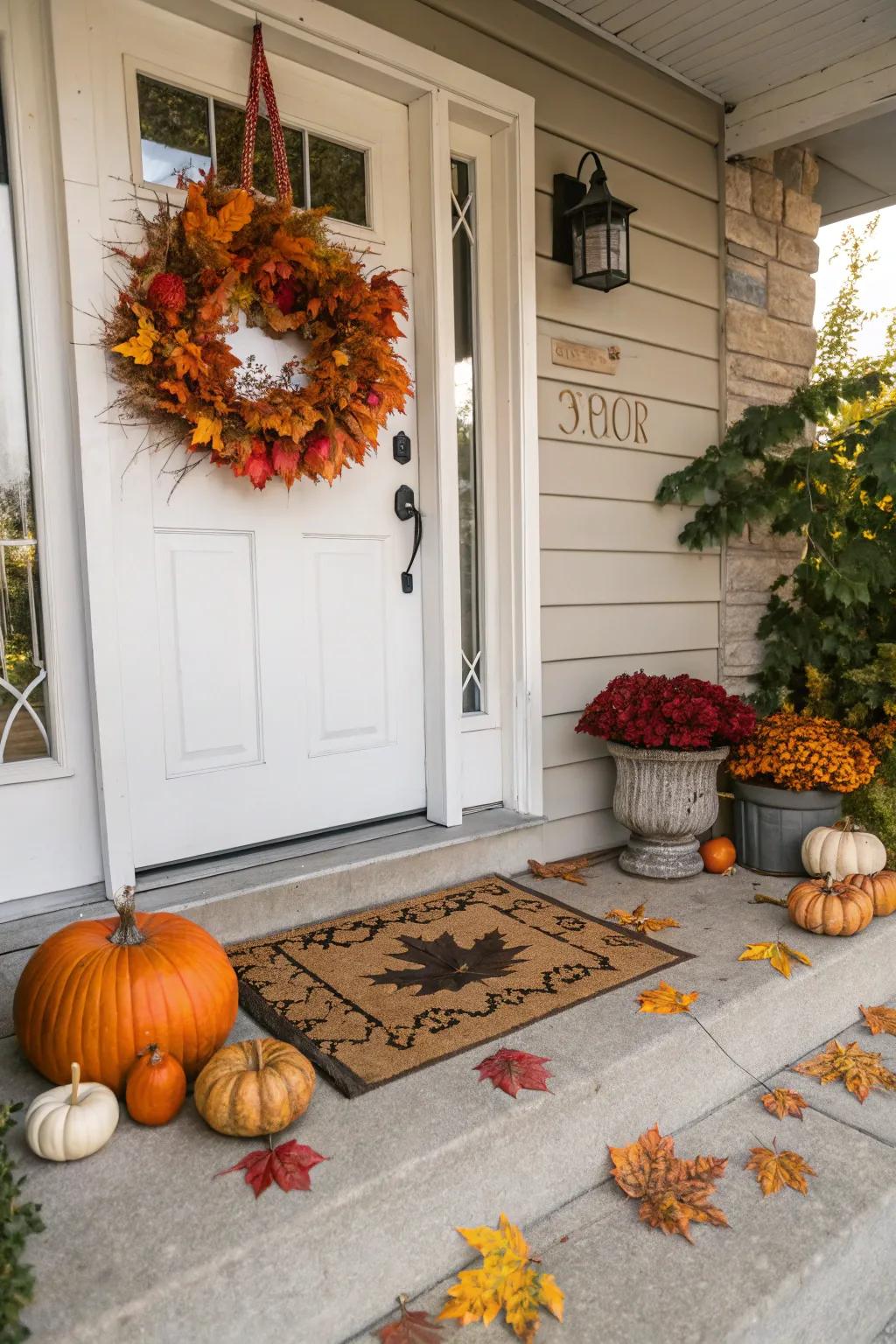 A seasonal doormat with autumn leaves.