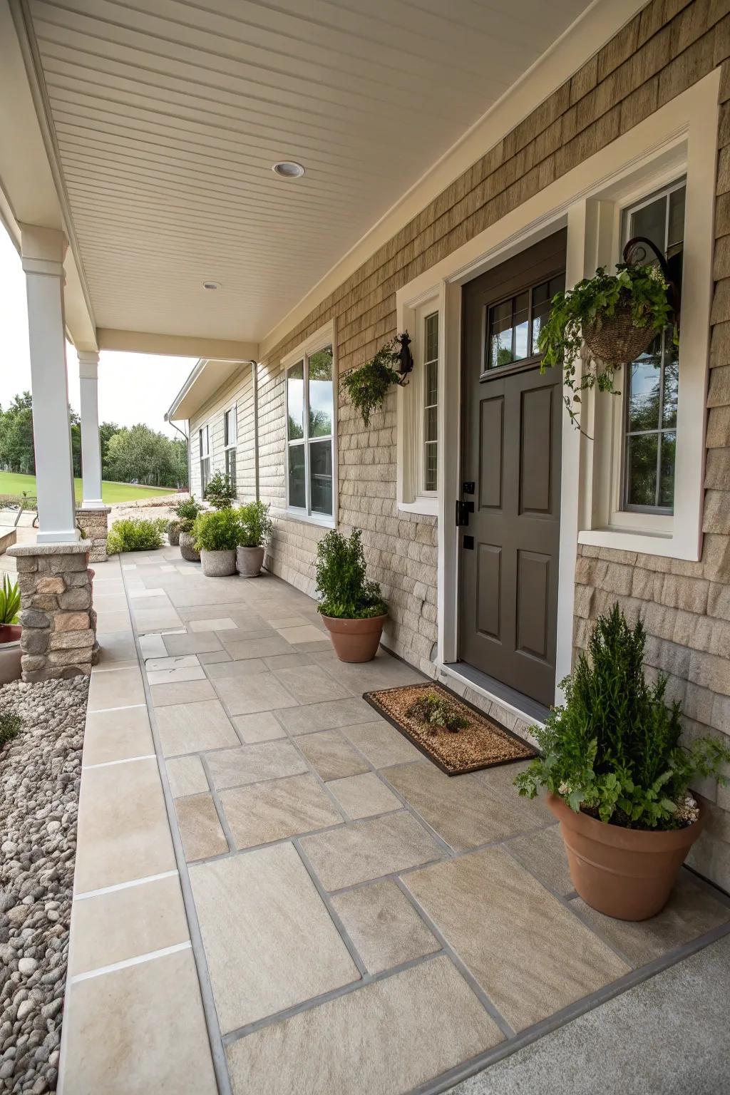Subdued shades offer a serene and unified porch layout.