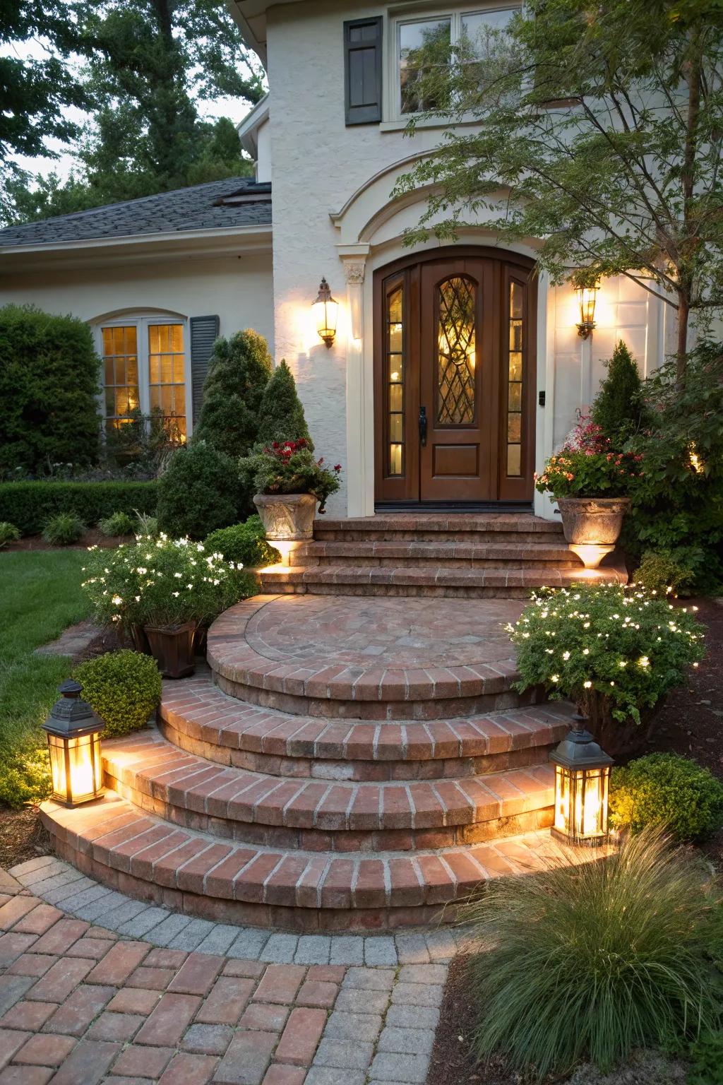 Refined stone steps produce a majestic entry.
