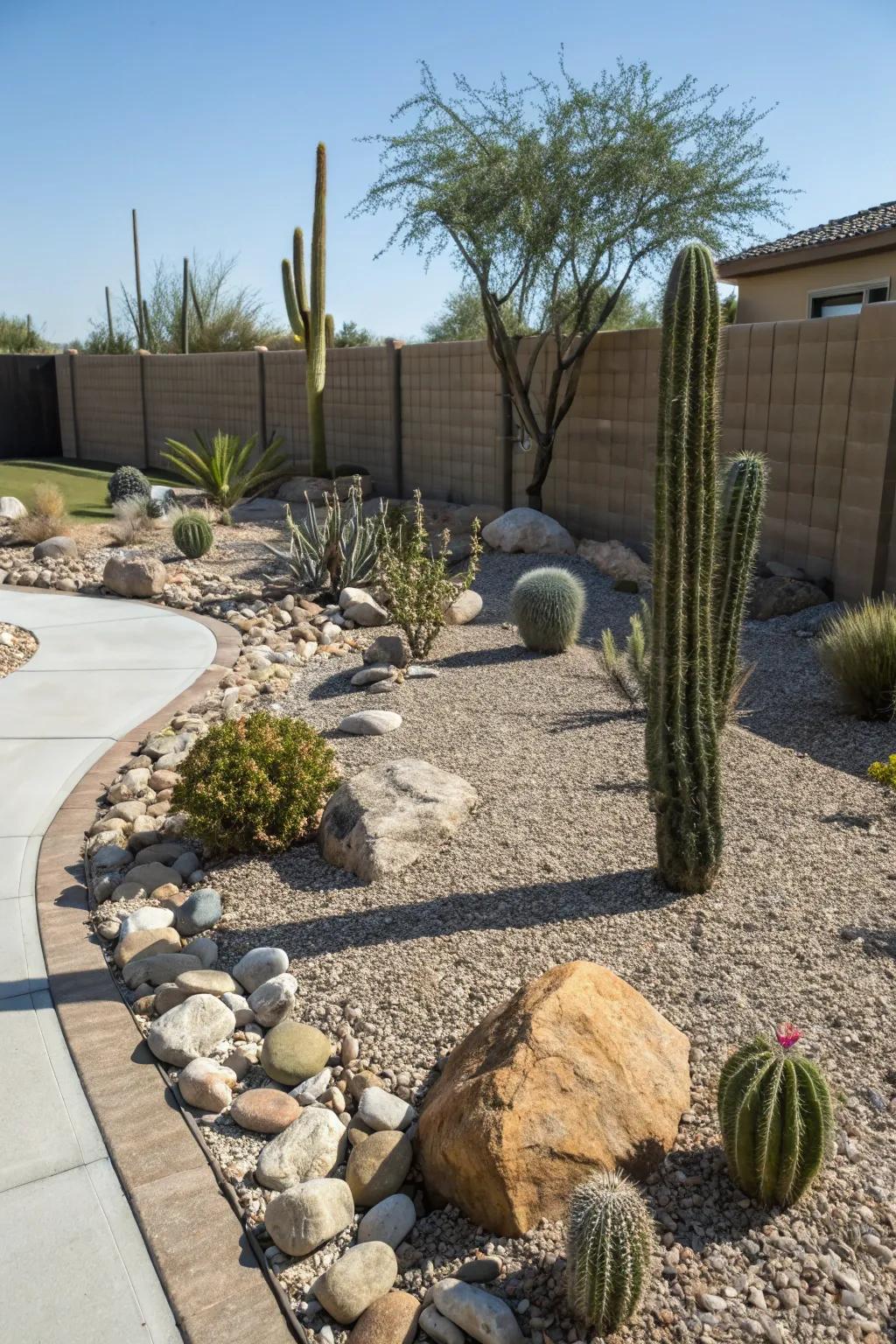 A countryside-style stone bed amplifying this cactus garden.