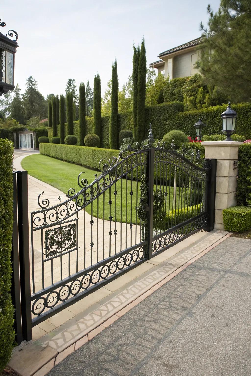 Refined crafted metal boundary provides protection and flair to this sophisticated driveway.