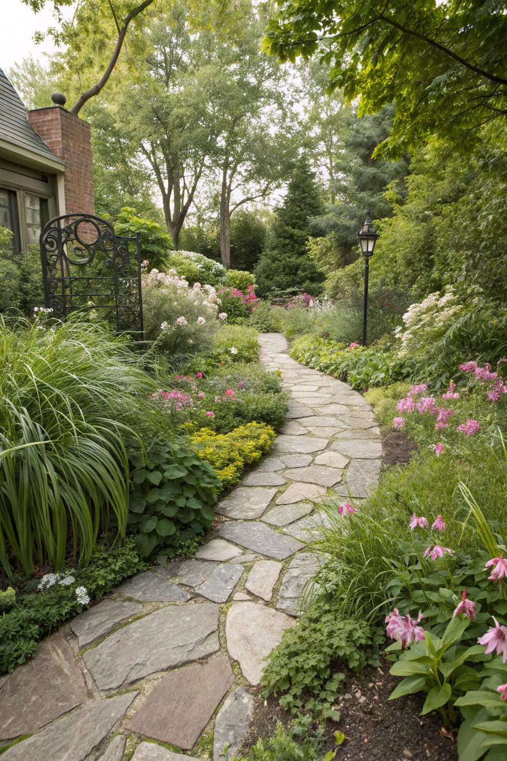 A stone walkway gracefully guides you through the garden.