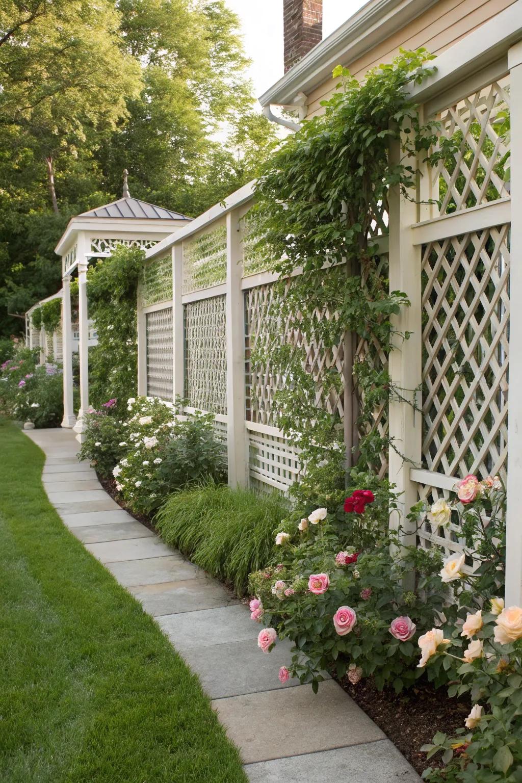 Crisscross boards deliver a decorative answer for a secluded front garden.
