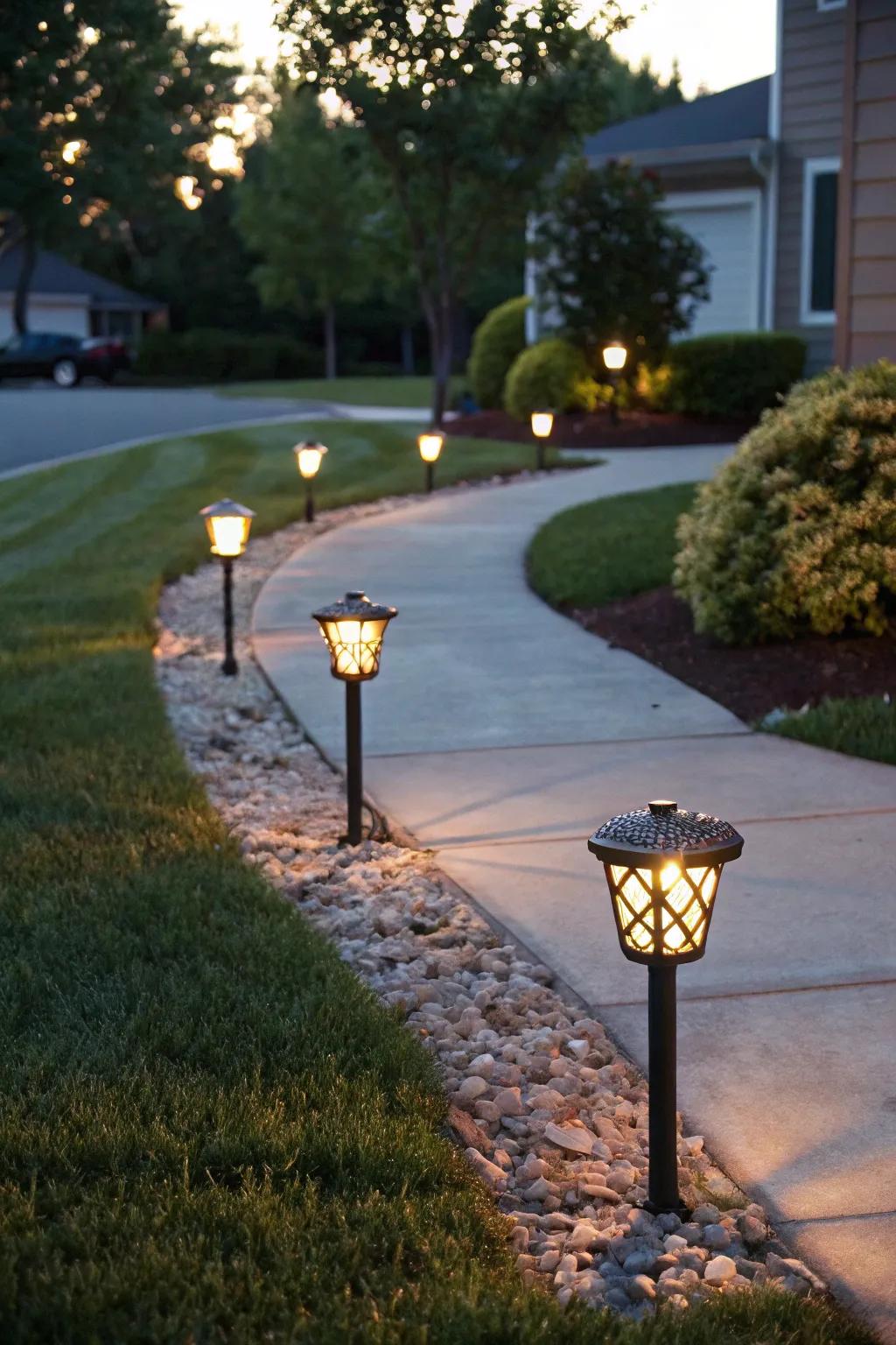 Solar-powered lights add ambiance and safety to a front yard.