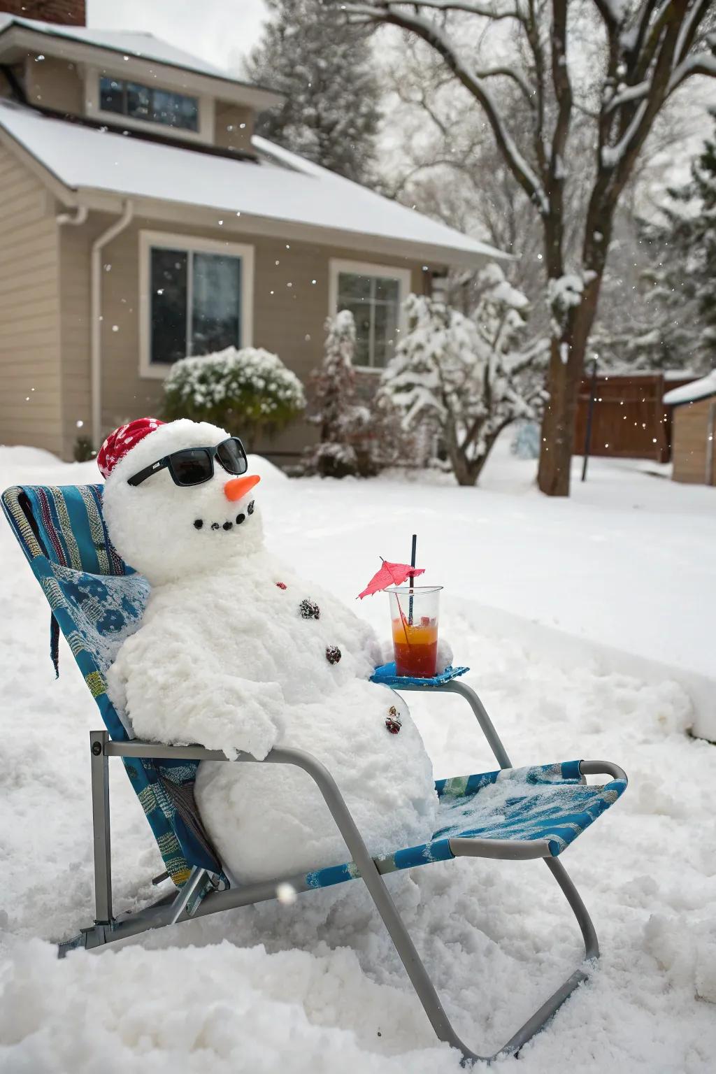 A snow-figure savoring a sunny day amidst the snow.