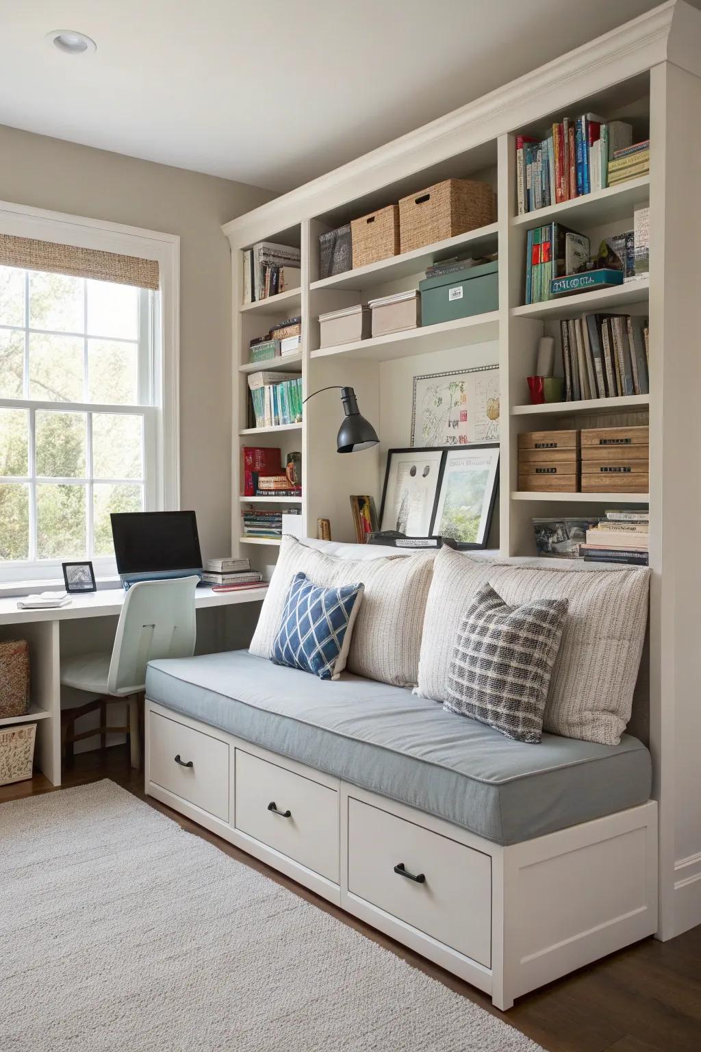 A daybed with storage helps keep your office tidy.