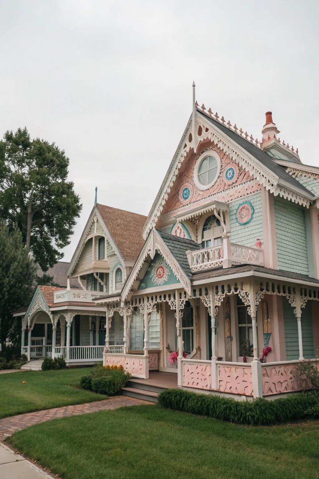 Gingerbread gables showcase whimsical, elaborate details.
