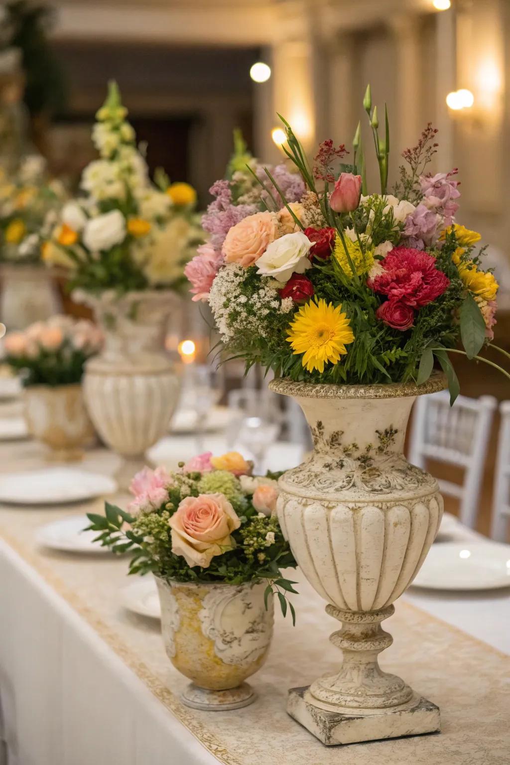 Flowers arranged within vintage vases present an original decorative spin.
