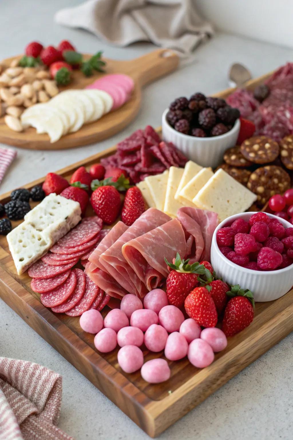A gorgeously arranged snacking platter perfect for Galentine's Day.