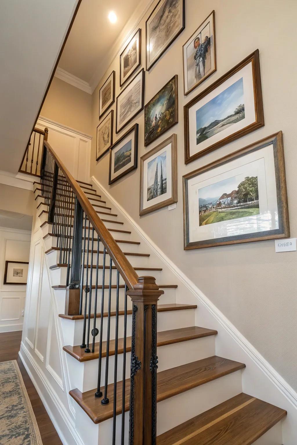 Diagonal frame arrangement adding dynamic movement to a staircase.