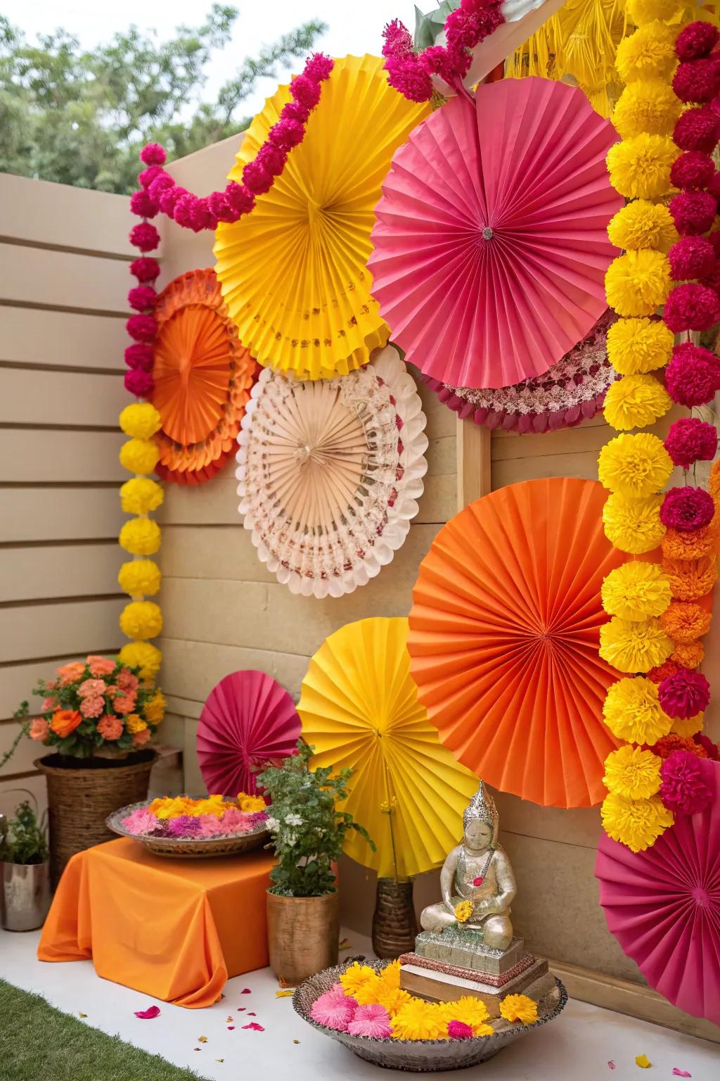 A vibrant display of paper blossoms and fans, imbuing a whimsical element to Ganesh Chaturthi festivities.