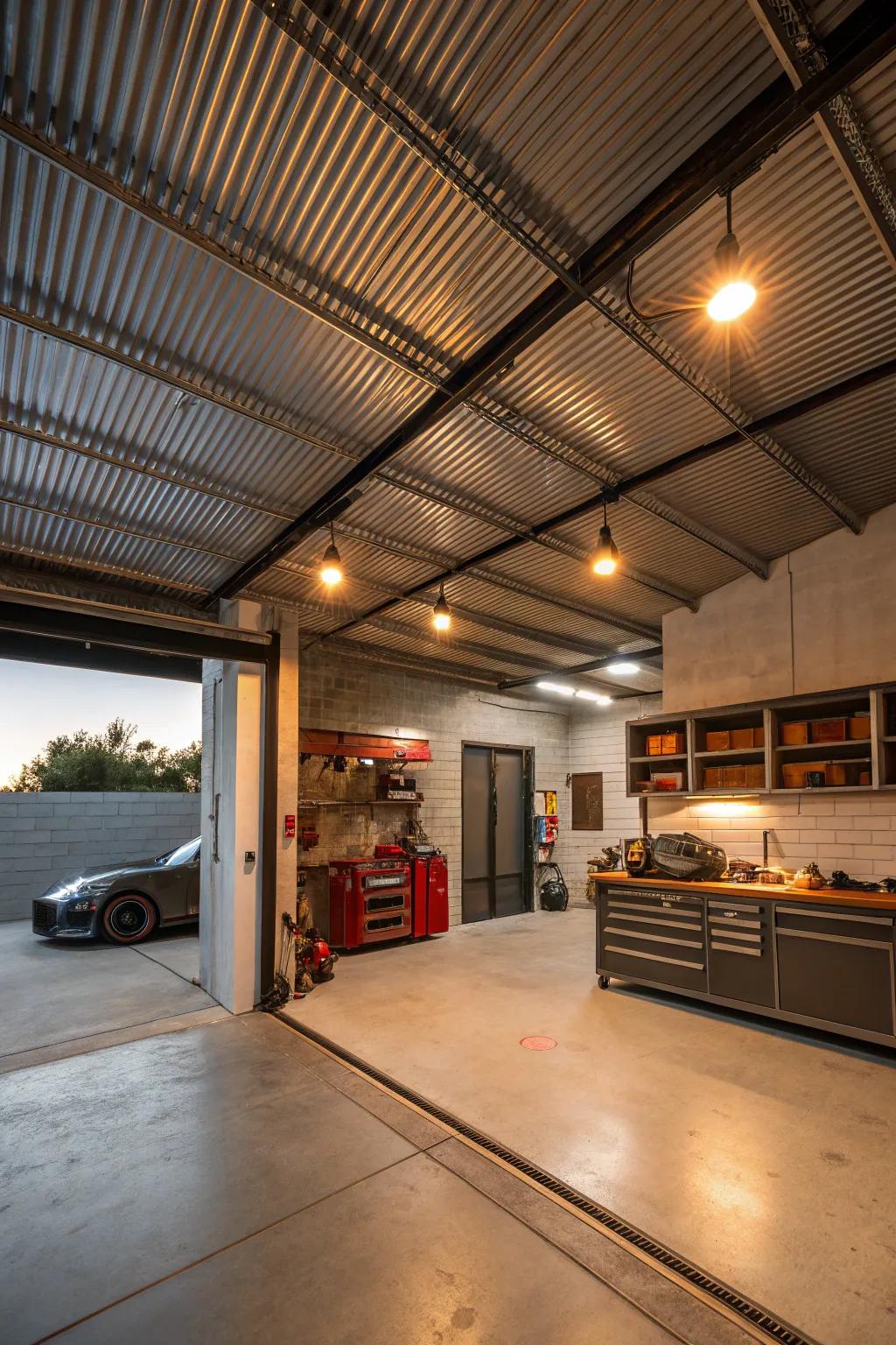 Corrugated metal ceilings provide an industrial edge with durability.
