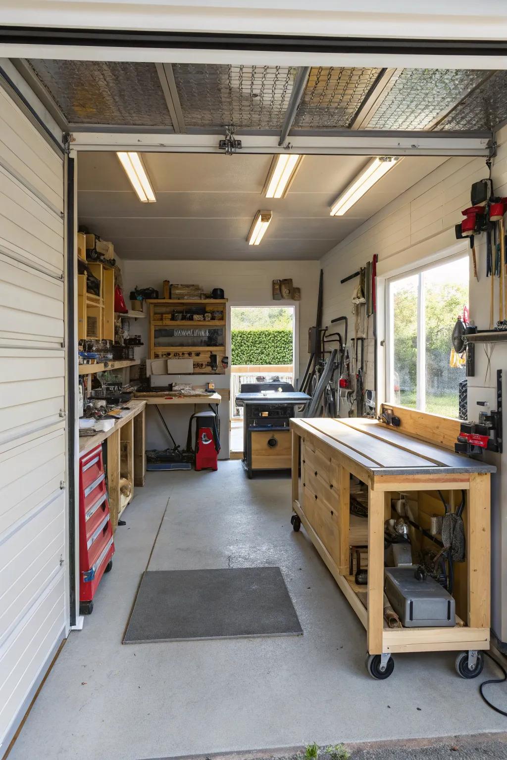 A quaint workshop within a bump-out area, tailored for DIY lovers.