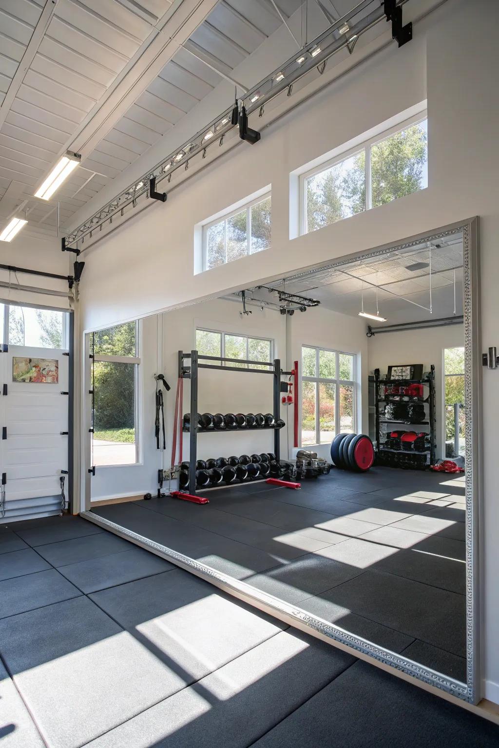 Mirrors enhance the impression of space and aid with exercise form.