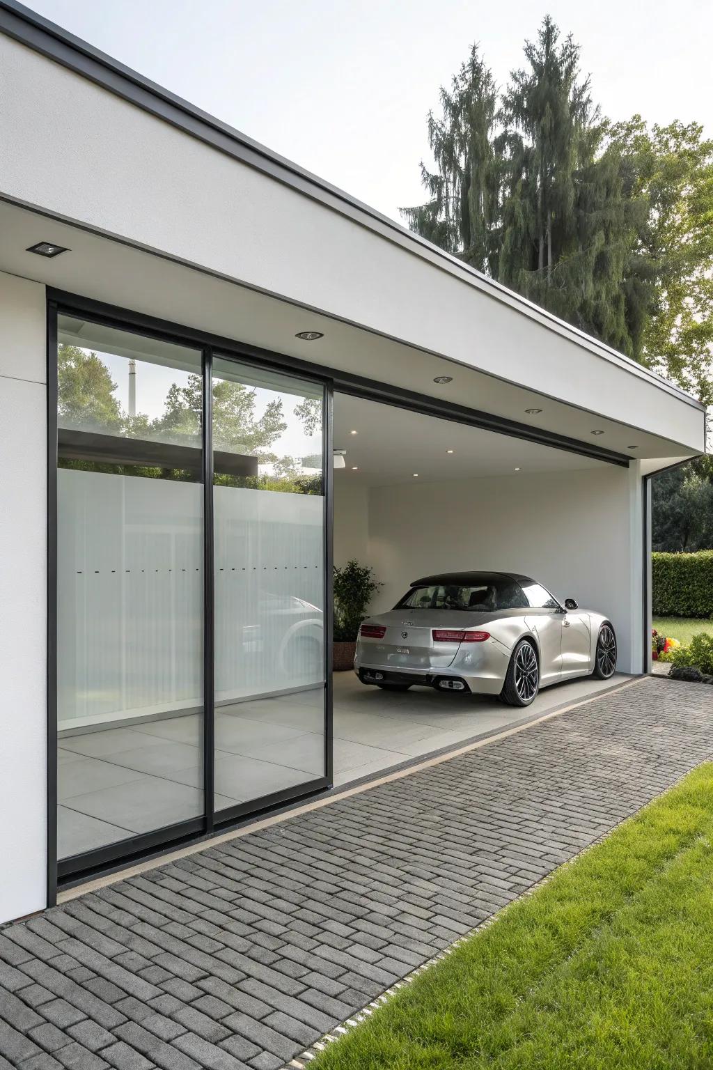 A modern garage featuring sophisticated glass entrances for amplified natural light.