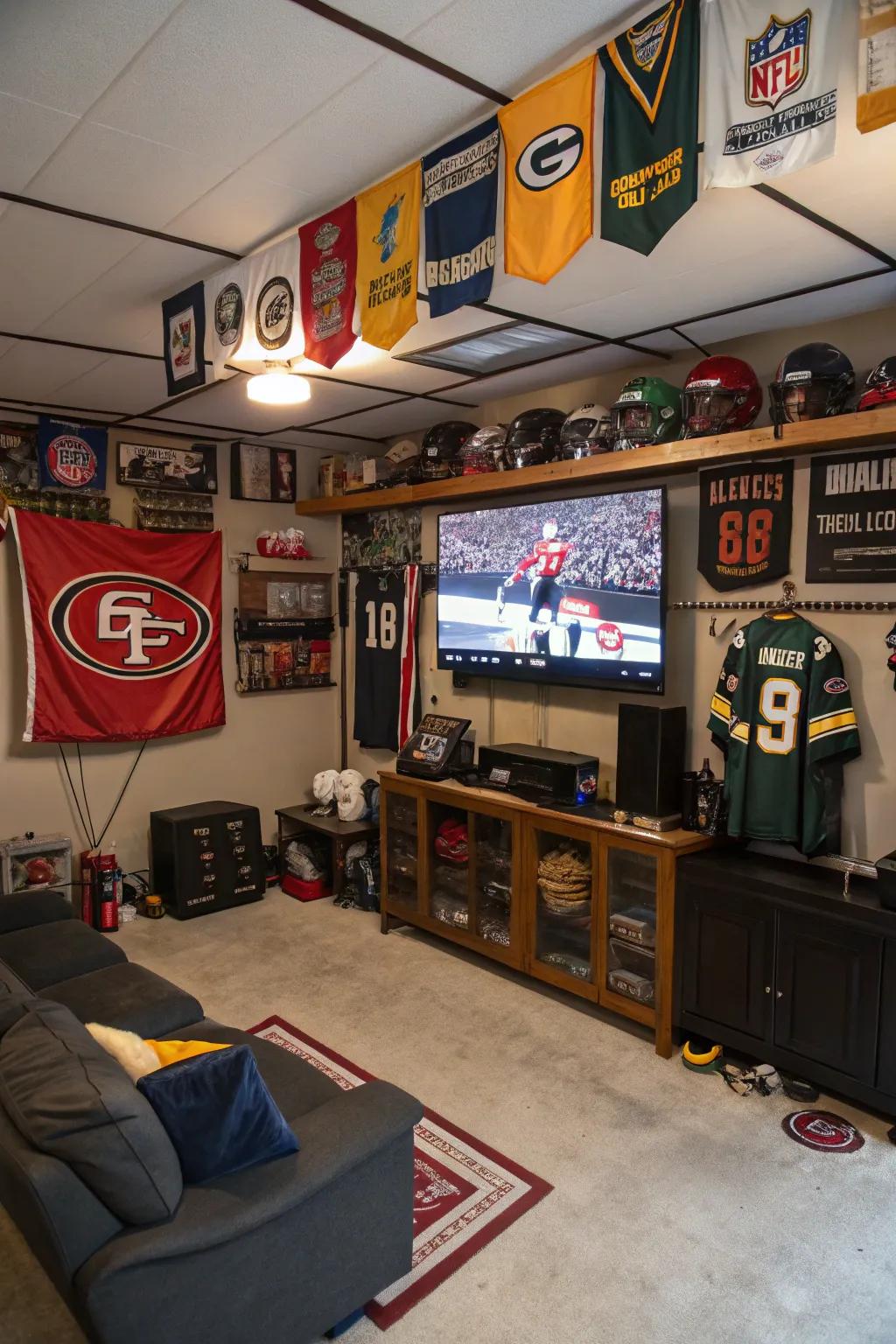 A sports aficionado's ideal arrangement within a garage sanctuary.