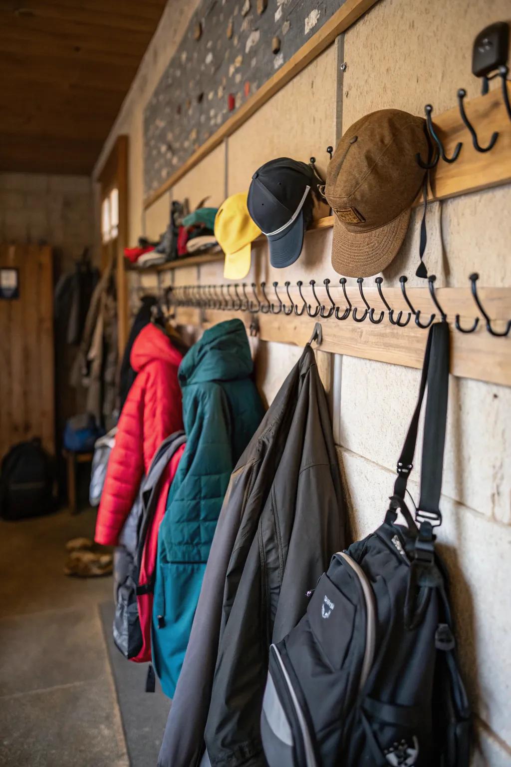 Hooks and pegs enable straightforward access to regularly used items.