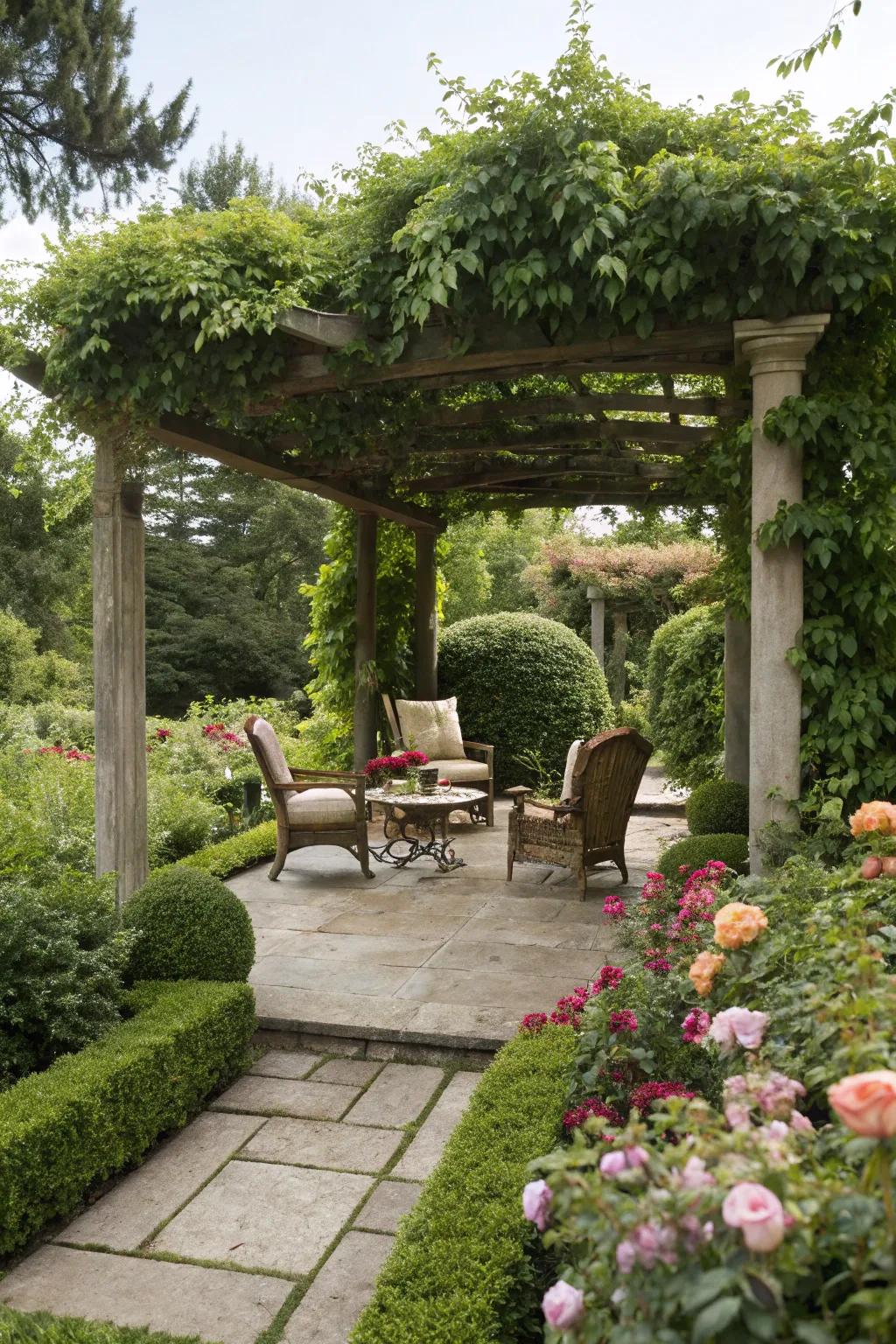 A trellis draped in climbing flowers, providing shade and elegance to a garden lounging spot.