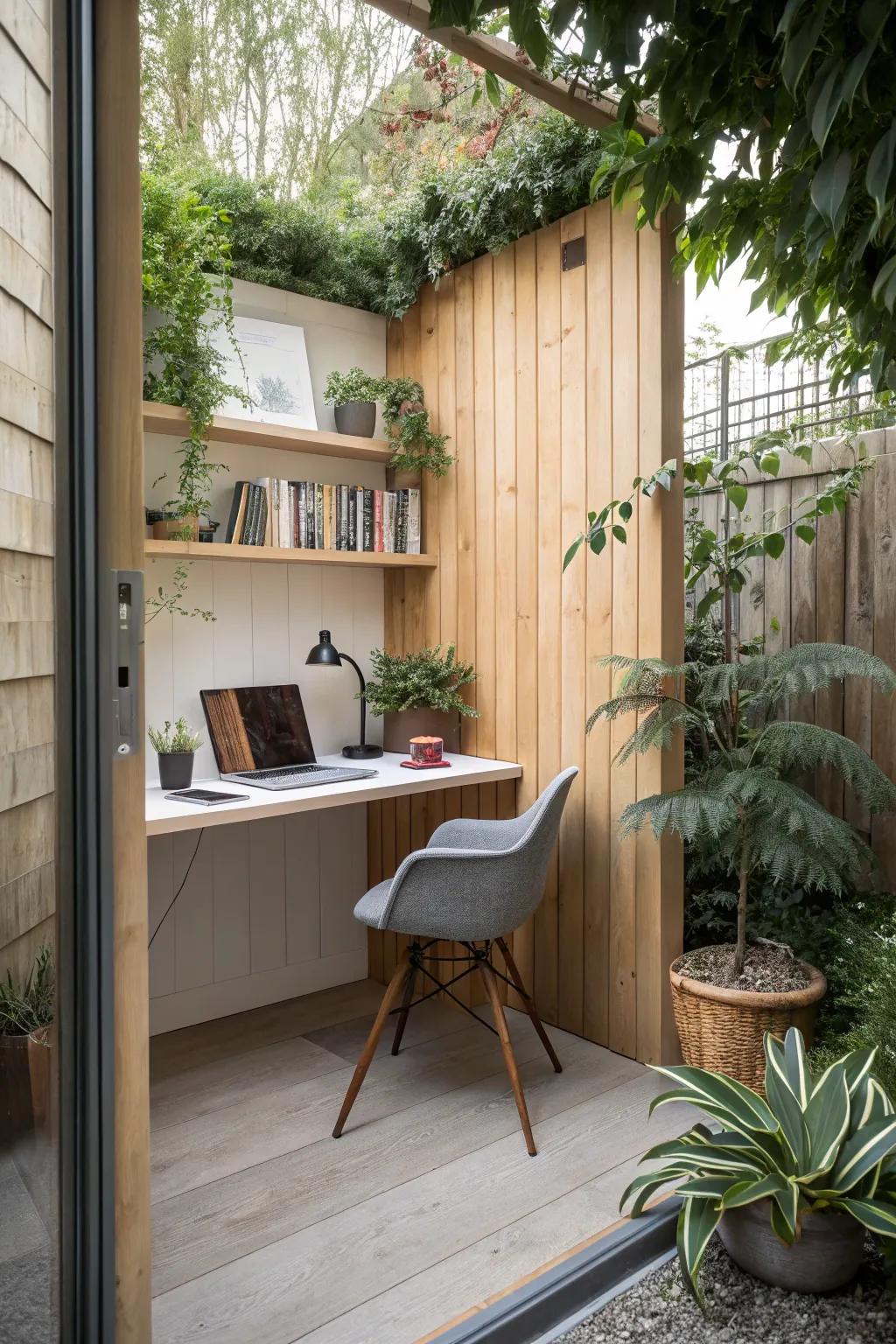 A small corner garden office, ingeniously utilizing the available space.