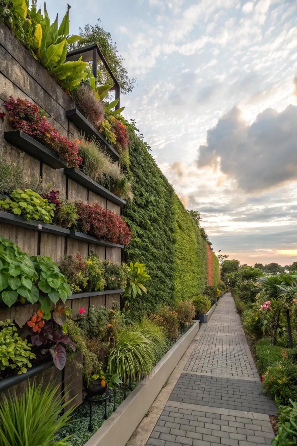 Vertical gardens optimize area and contribute visual appeal.