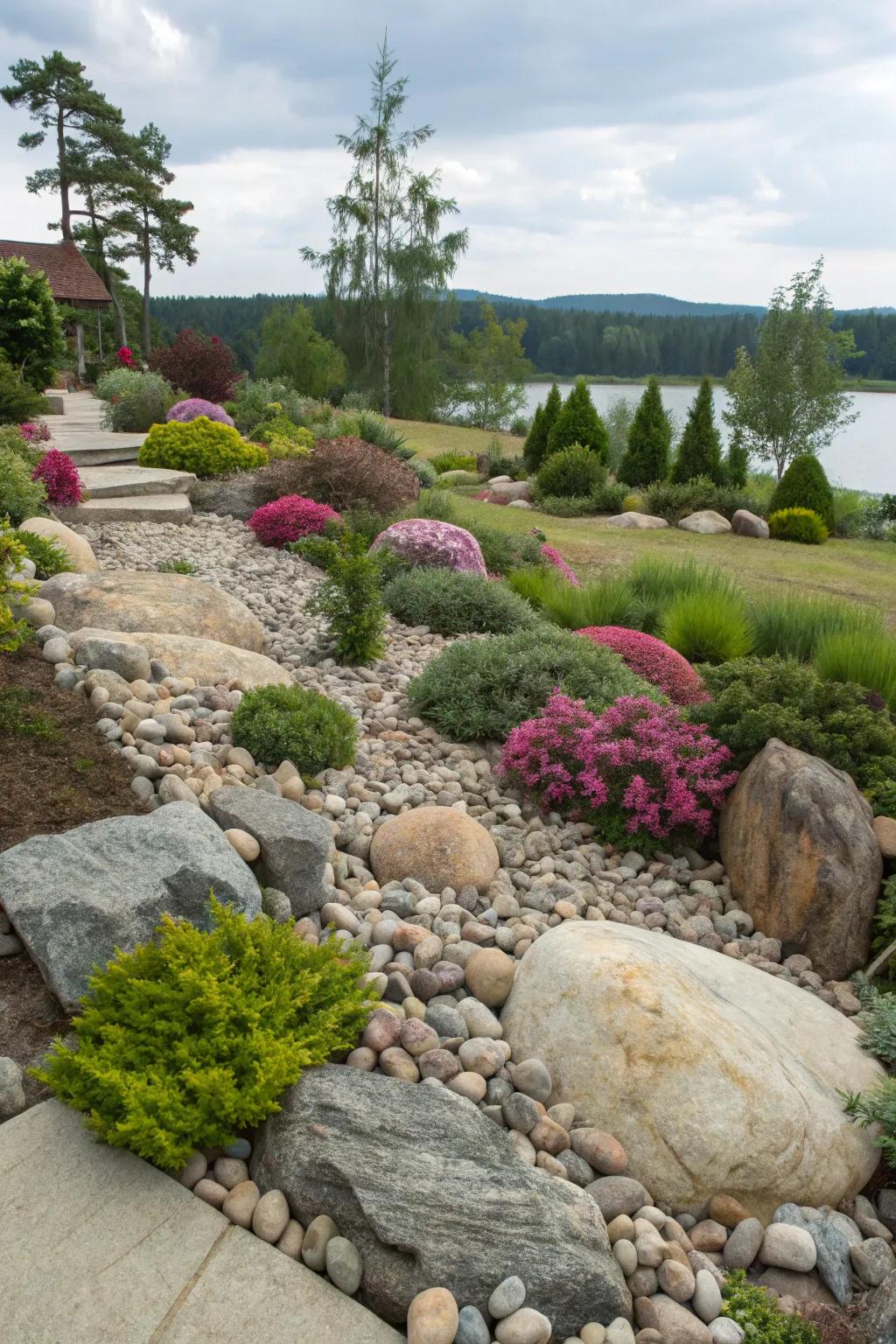 A rockery that enriches a flat area with magnitude and inherent charm.