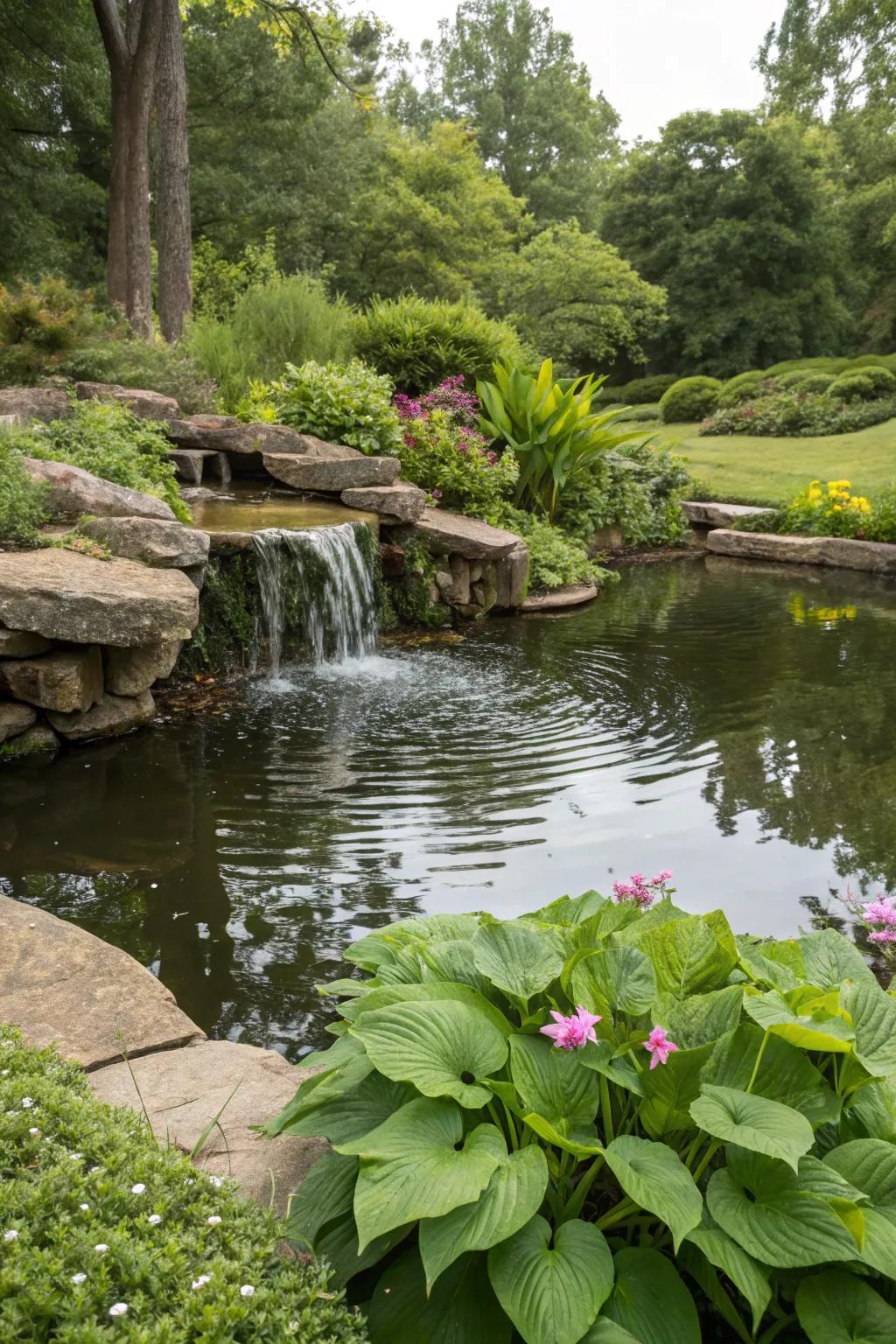 A serene pool featuring a delicate cascade, fostering a calming ambiance.