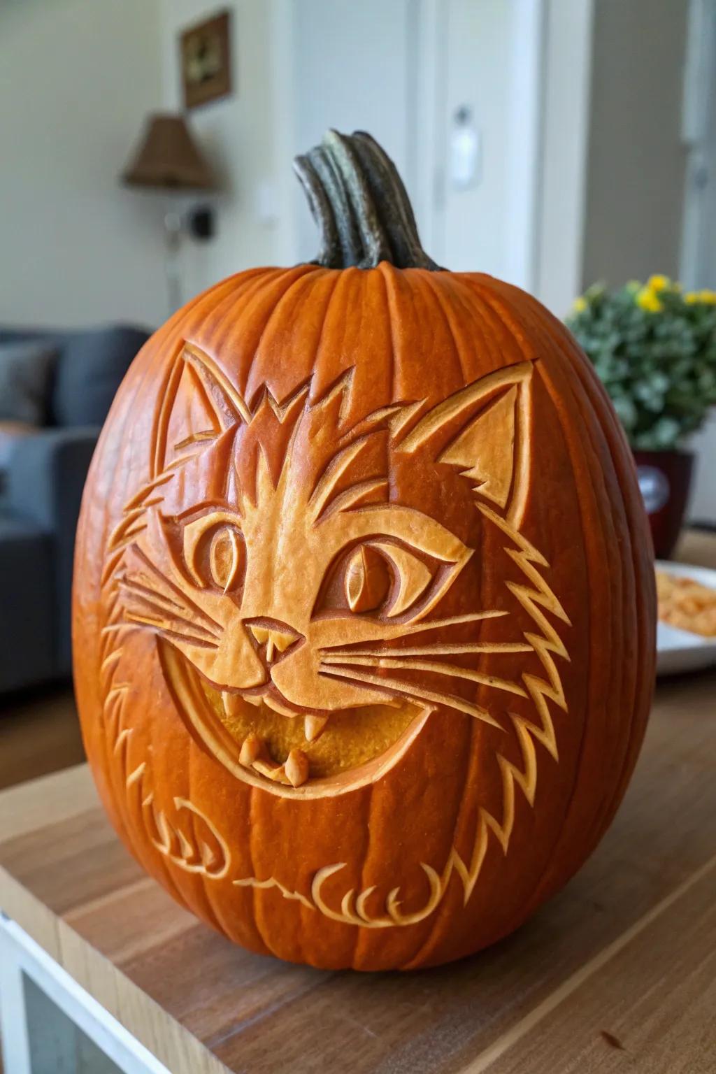 A whimsical feline etched onto a gourd, adding a joyful touch to Halloween decorations.