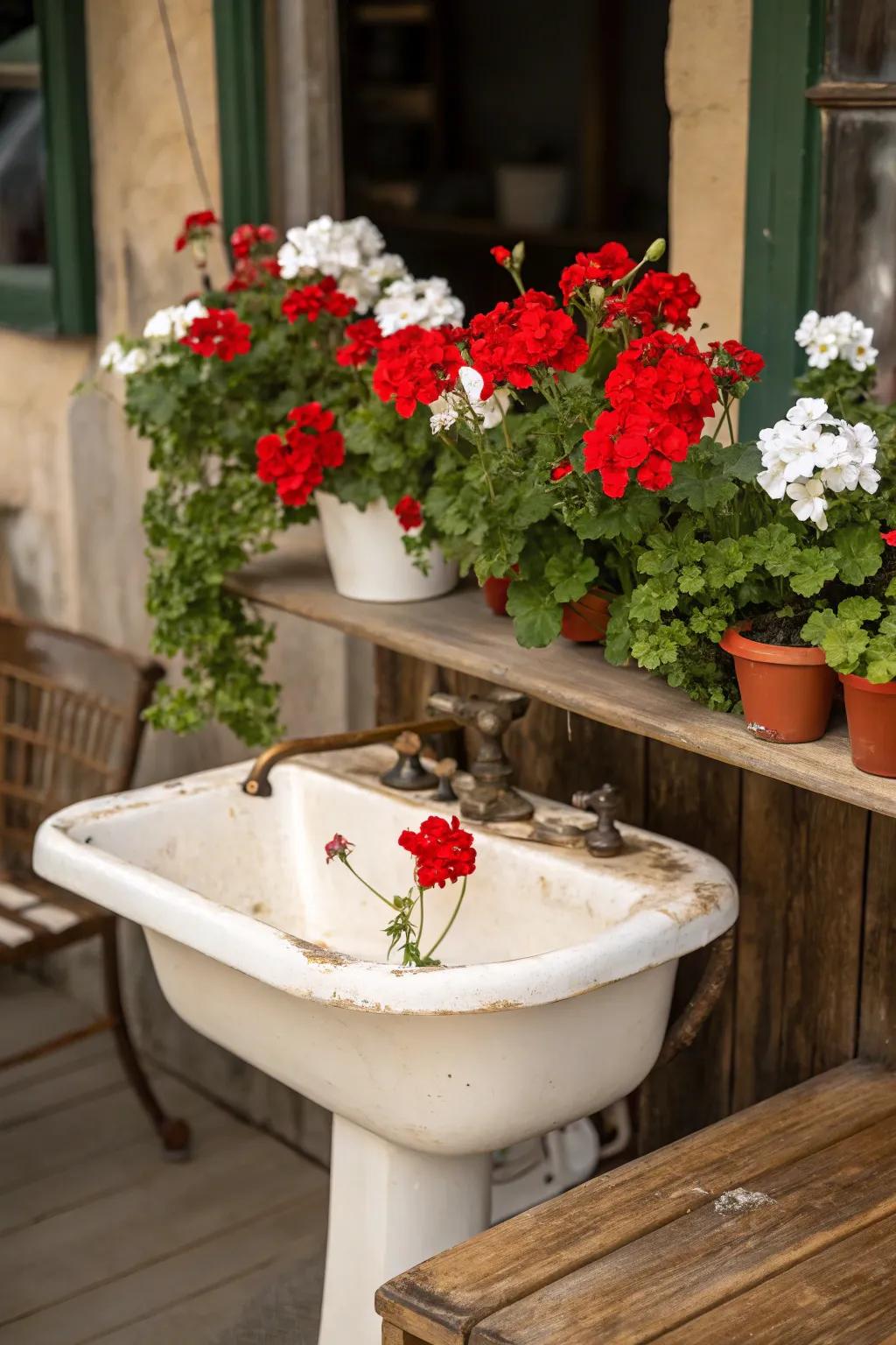An antique porcelain sink creatively repurposed into a charming geranium bed.