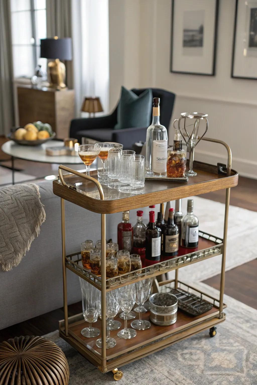 A vintage mobile bar merges style with functionality.