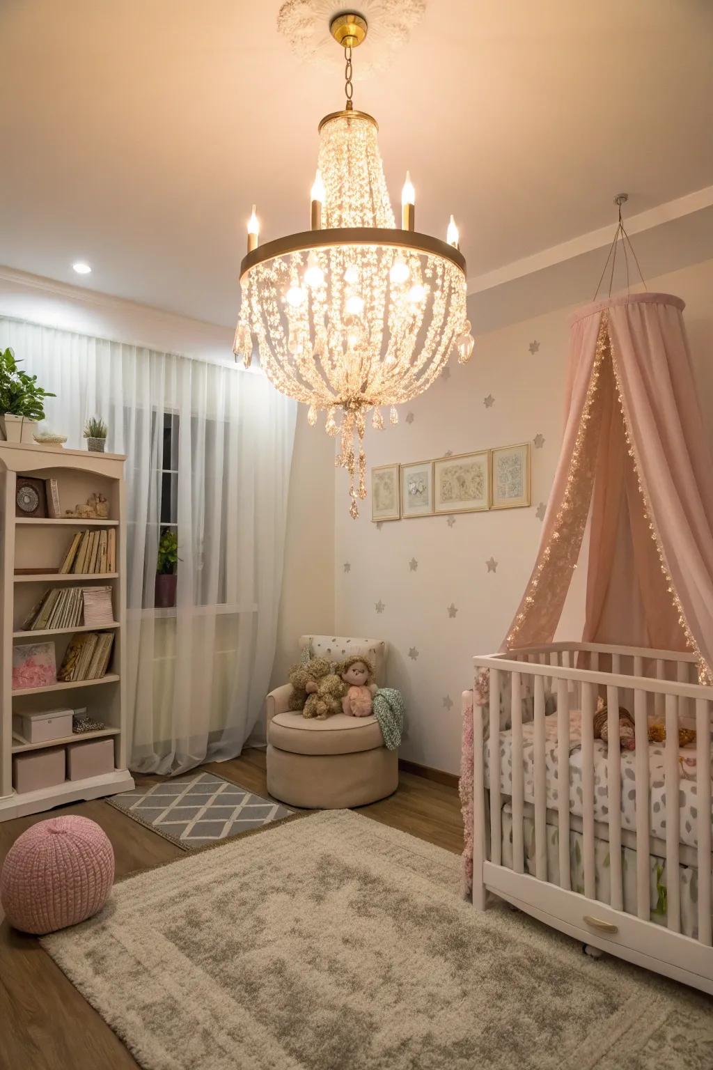 A hanging lamp introduces sophistication and warmth to the nursery.