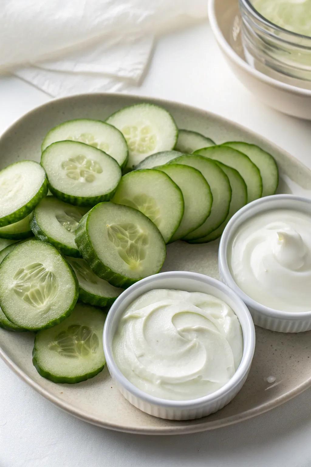 Cucumber slices standing by, poised to impart a reviving spa sensation.