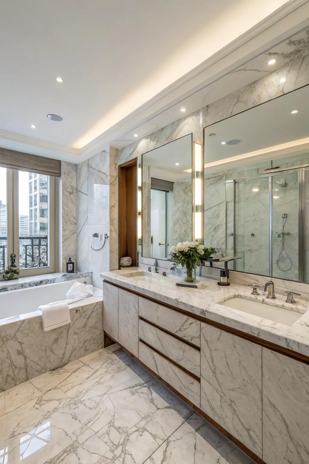 A sophisticated bathroom adorned with polished stone countertops and walls.