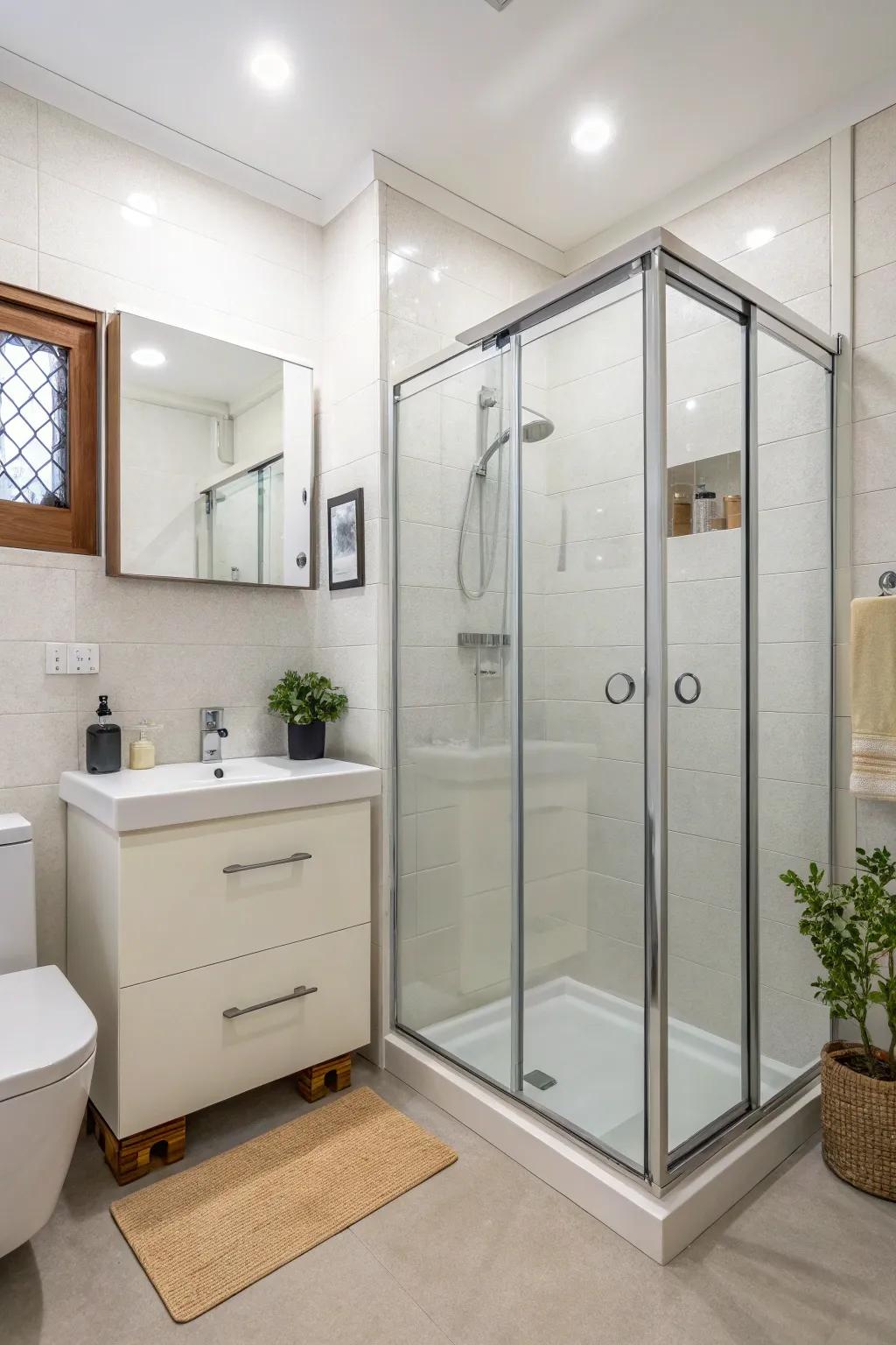 Gliding doors excel at maximizing space in cozy bathrooms.