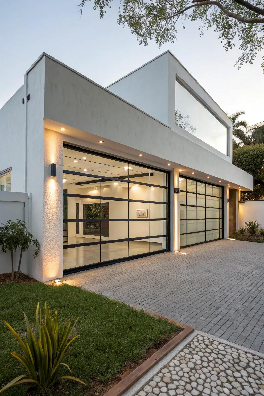 The sleek facade of a modern home is accentuated by a glass garage door.