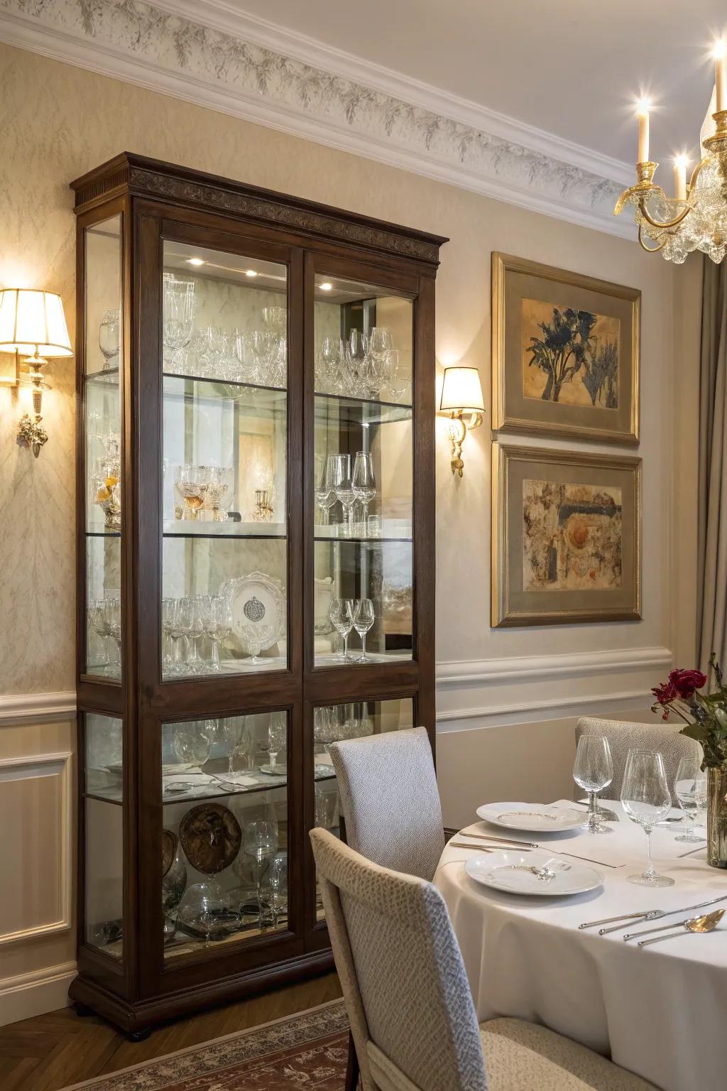 A sophisticated glass-panel cabinet displaying exquisite glassware.