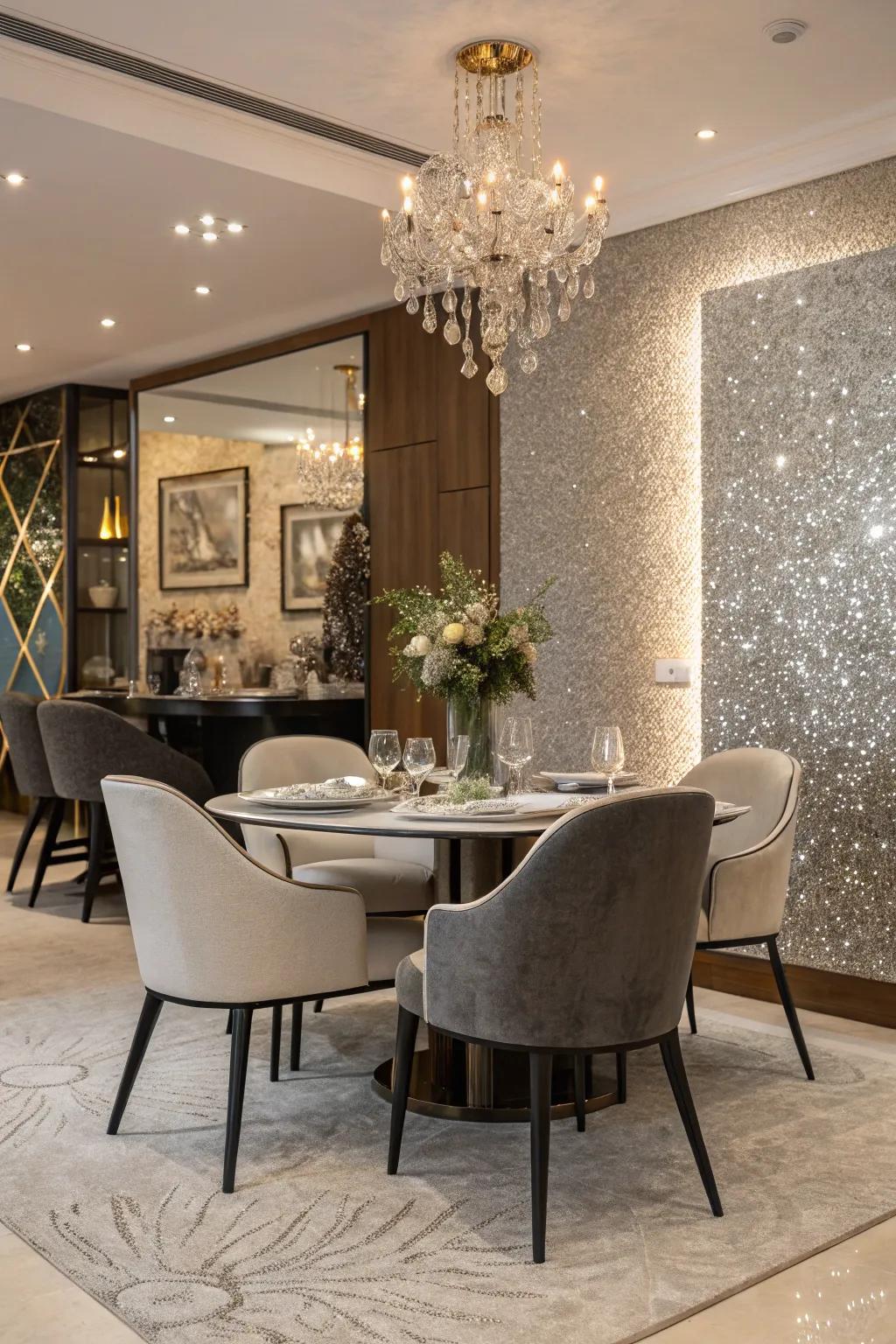 A glitter accent wall introduces drama to a dining space.