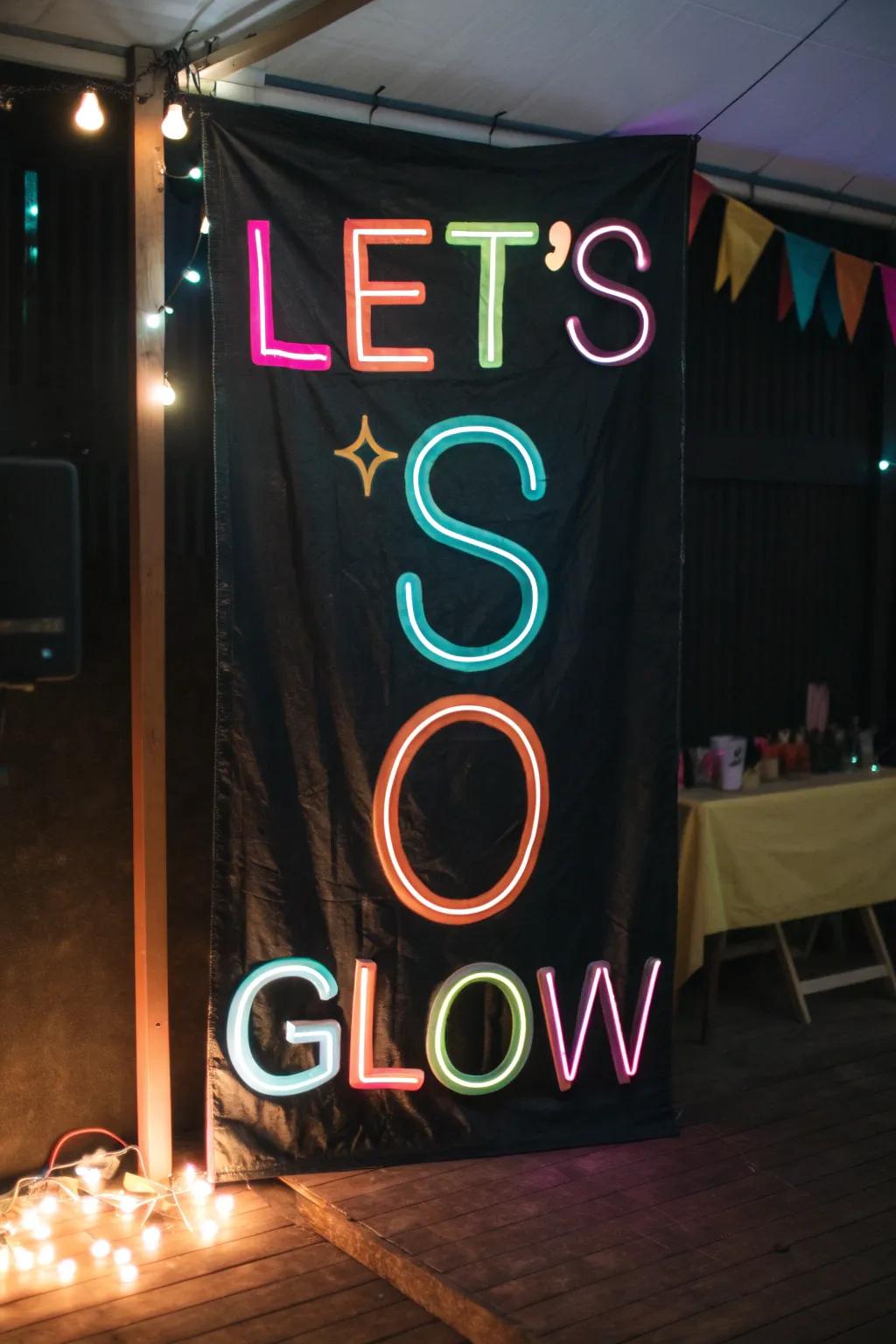 A neon banner determines the vibe for your radiant celebration.