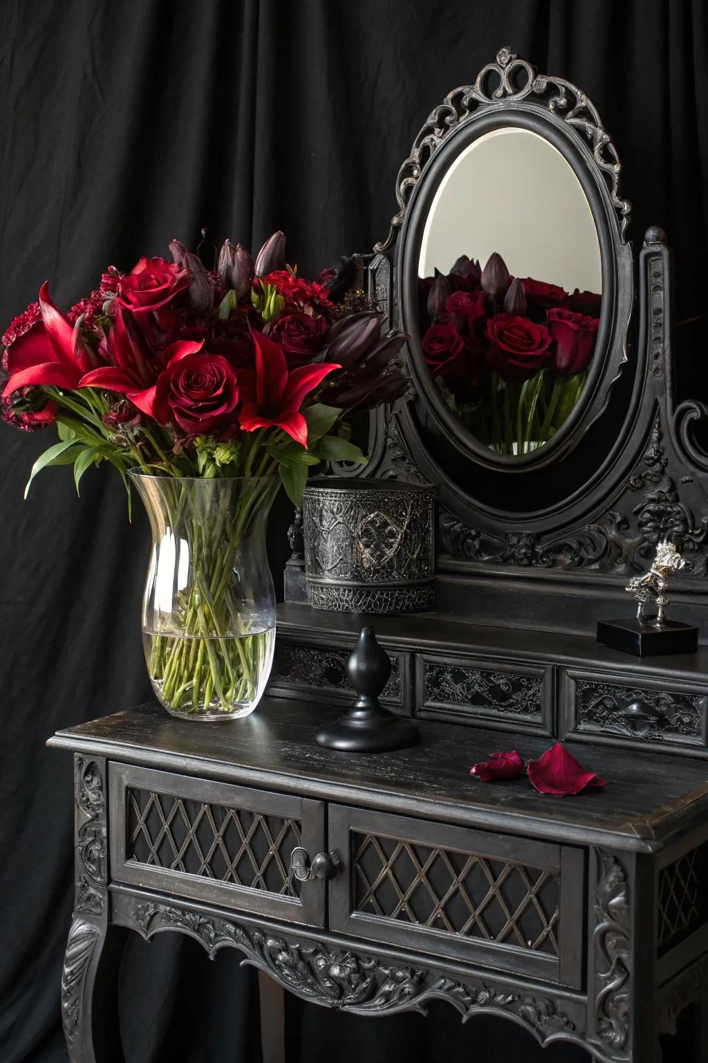 Deep florals bring a natural drama to your shadowy vanity.