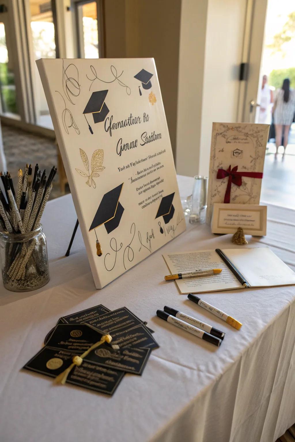 Interactive canvas inviting guests to sign and share their sentiments.