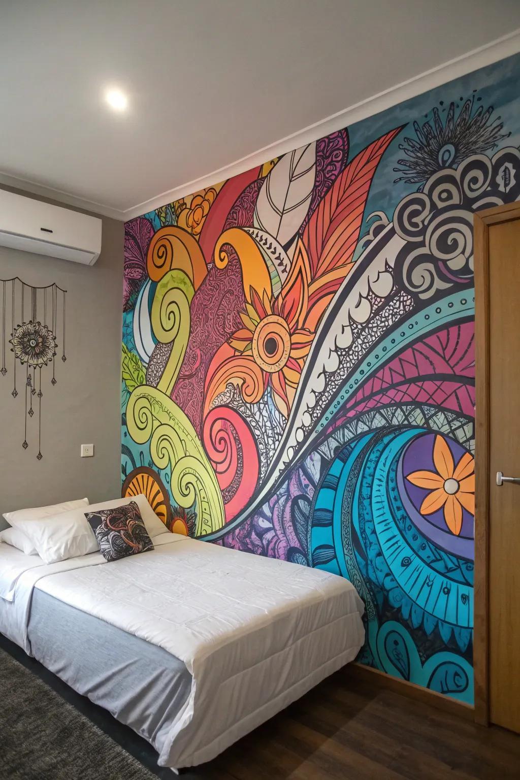 Abstract graffiti elements introducing layers to a bedroom's atmosphere